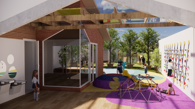 Escola com projeto de arquitetura biofílica, com ambientes abertos e com contato com a natureza.