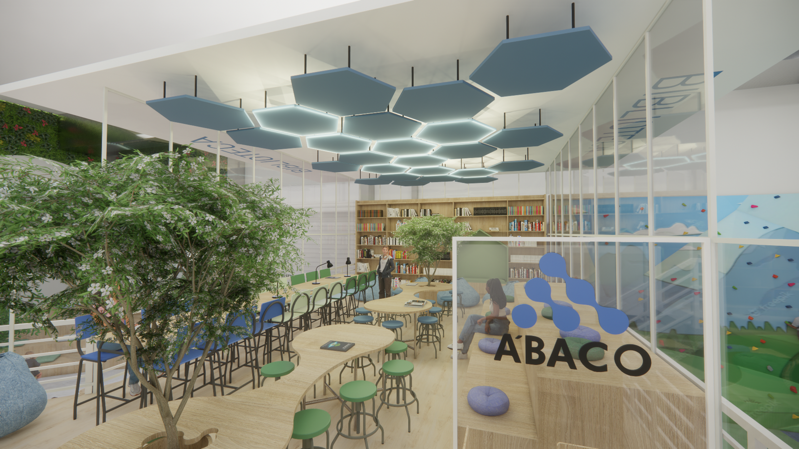 Biblioteca de escola com mesas, cadeiras, estantes e boa iluminação