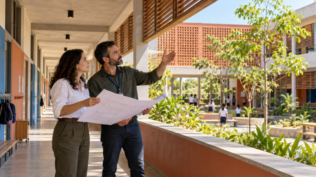 Arquitetos analisam iluminação, ventilação e sombreamento em uma escola sustentável