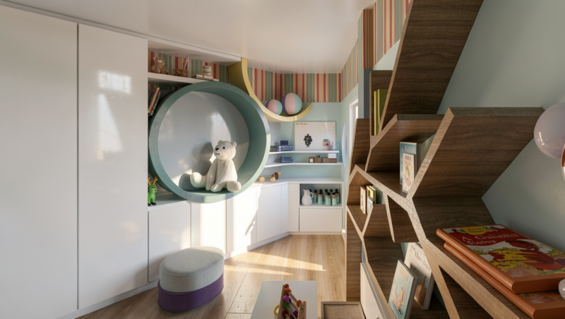 Renderização 3D de pequena biblioteca infantil em escola